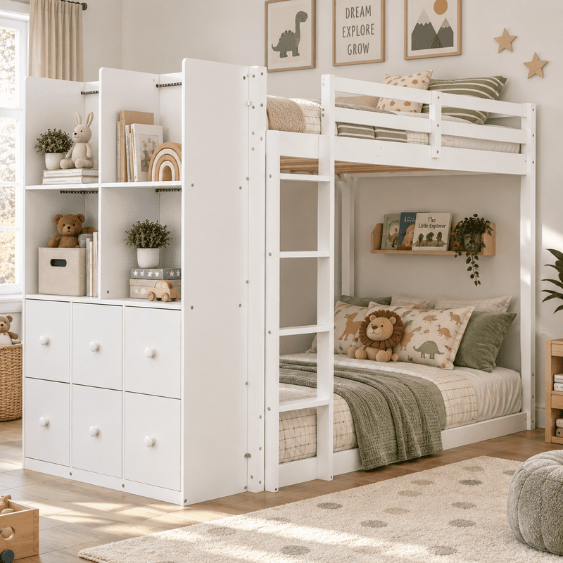 Twin Over Twin Bunk Bed with 6 Storage Drawers, 2-Tier Shelves & LED Light Strip, Reversible Wooden Bunk Bed Frame, Space-Saving Kids Bedroom Furniture