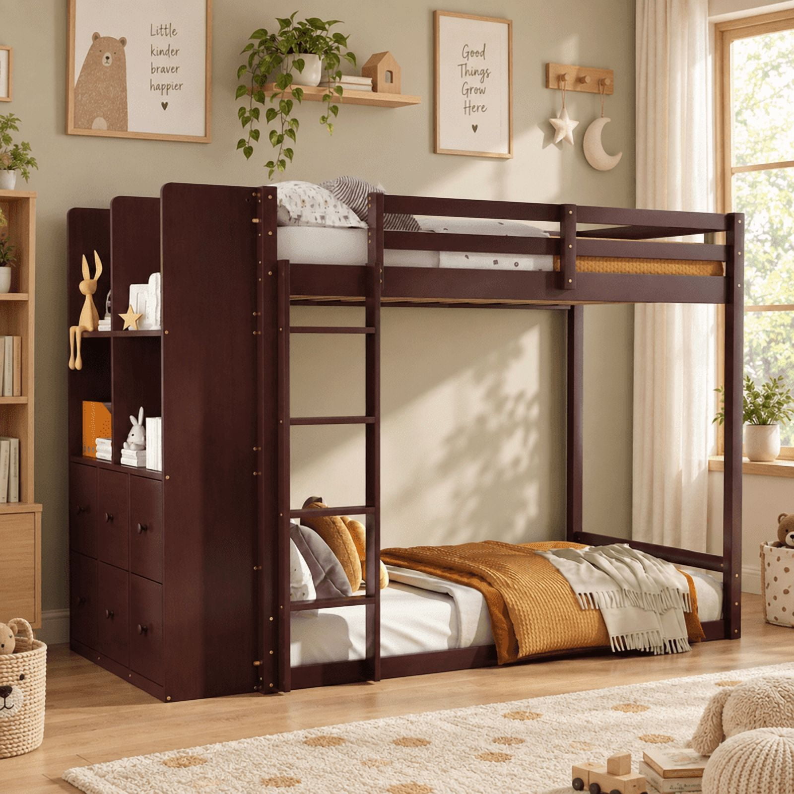 Twin Over Twin Bunk Bed with 6 Storage Drawers, 2-Tier Shelves & LED Light Strip, Reversible Wooden Bunk Bed Frame, Space-Saving Kids Bedroom Furniture
