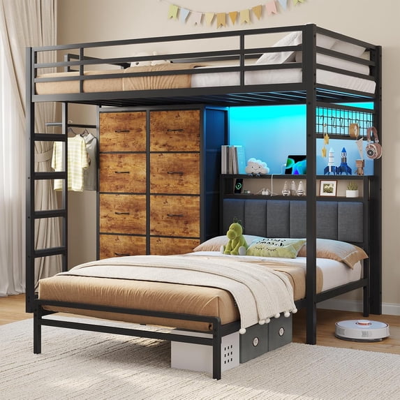 Twin Over Twin Bunk Bed with 8 Storage Drawers, Charging Station and LED Lights, Metal Bunk Beds with Upholstered Storage Headboard, Twin Loft Bed for Teen, Safety Guardrail & Ladder, Black