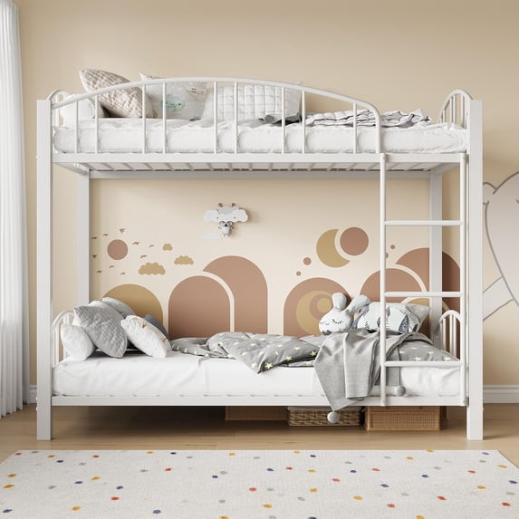 Twin Over Twin Bunk Bed, Floor Bed Bottom Bunk, Heavy Duty Metal Low Bunkbed with Metal Slats Ladder High Safety Full-Length Guardrail for Adults, Noise Free, No Box Spring Required