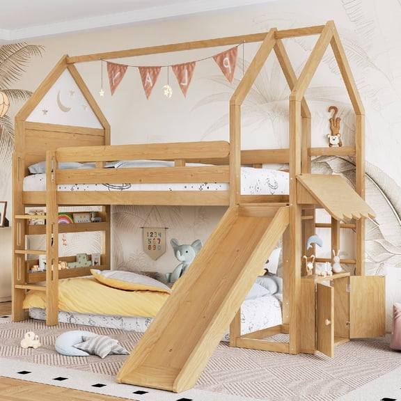 Twin Over Twin Bunk Bed Frame with Bookshelf Design, House-Shaped Structure Wooden Bunk Bed with Safety Guard Rails and Slide for Bedroom, Apartmrnt, Guest Room, Mattress Not Included, Natural