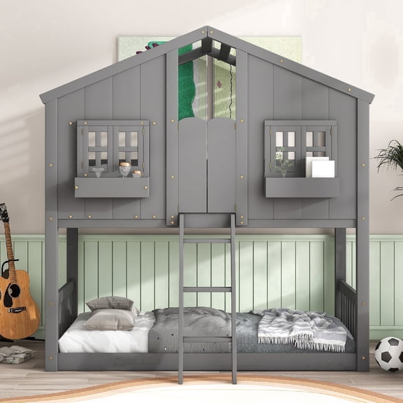 Twin over Twin Size Bunk Bed Frame with Roof and Window Box for Kids & Teens, Wooden House Bunk Bed with Door and Safety Guardrails for Boys, Grils, Easy Assembly, Mattress Not Included, Gray