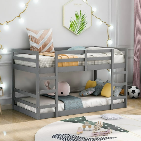 Twin Over Twin Bunk Bed Frame with Safety Guard Rails and Ladder, Wooden Floor Bunk Bed for Bedroom, Apartment, Dorms, Space-Saving, No Box Spring Needed, Mattress Not Included, Grey