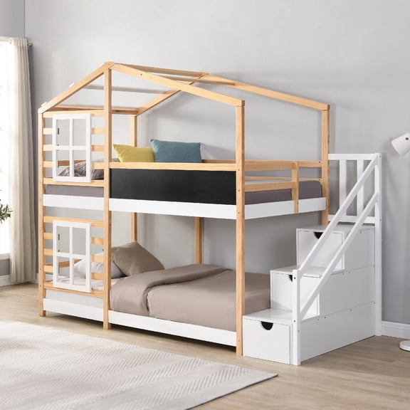Twin over Twin Bunk Bed Frem with Roof Windows and Storage Drawers, House Shape Bunk Bed with Blackboard and Safety Guard Rails for Bedroom, Apartment, Sapce-Saving, Mattress Not Included