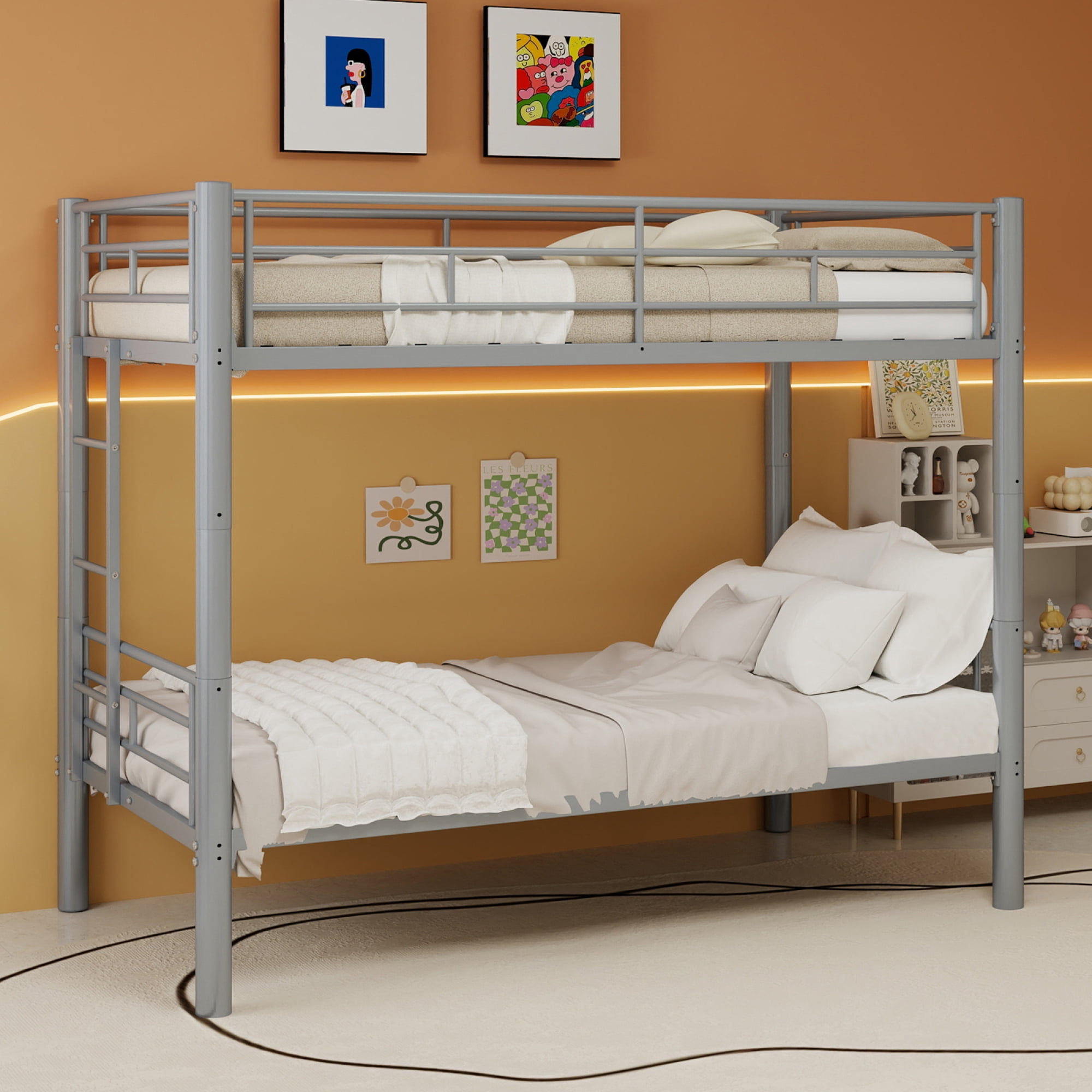 Twin over Twin Bunk Bed with Ladder and Safety Guardrails, Metal Bunk Bedframe for Kids Boys Girls, can be convertible into 2 Beds, No Spring Box Required