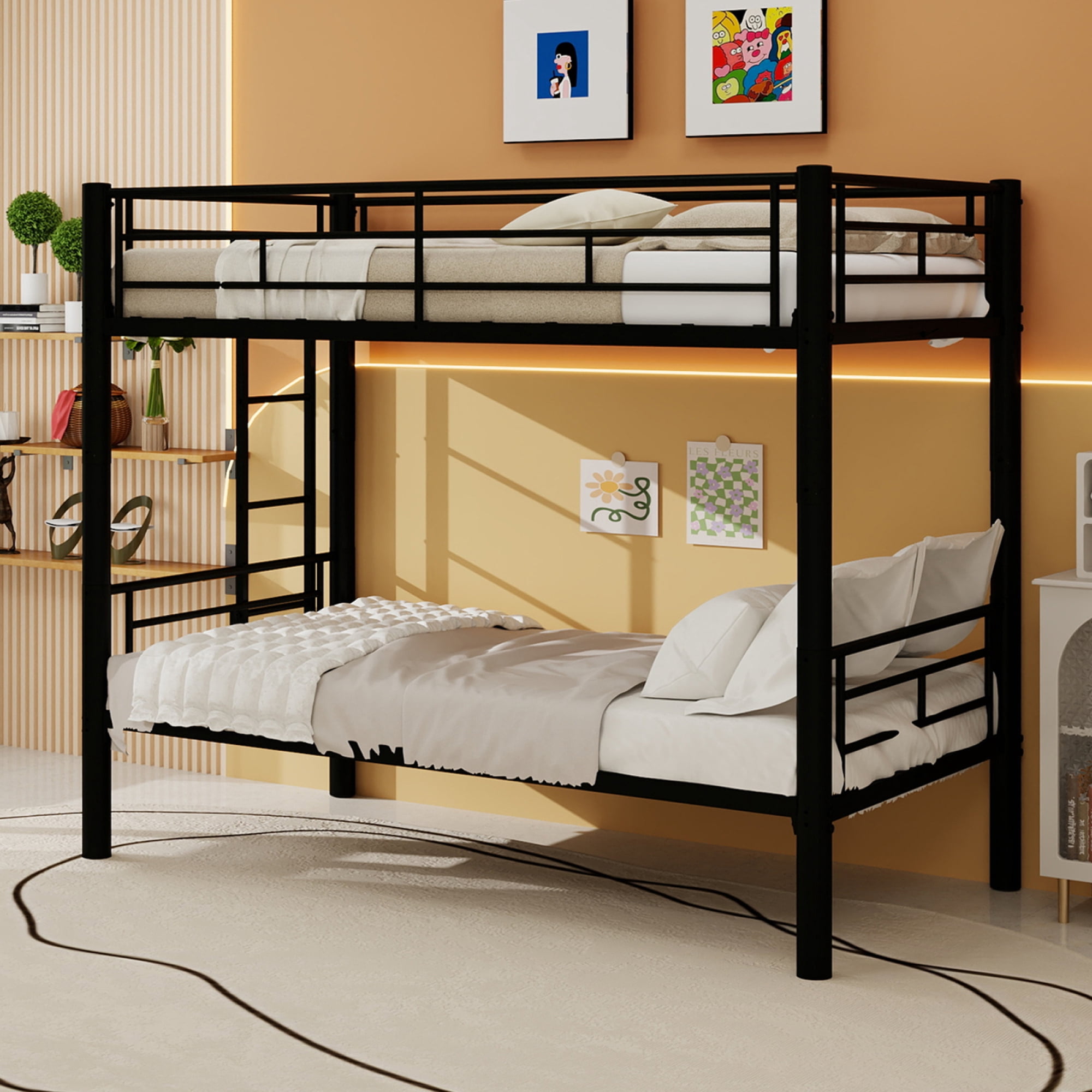 Twin over Twin Bunk Bed with Ladder and Safety Guardrails, Metal Bunk Bedframe for Kids Boys Girls, can be convertible into 2 Beds, No Spring Box Required