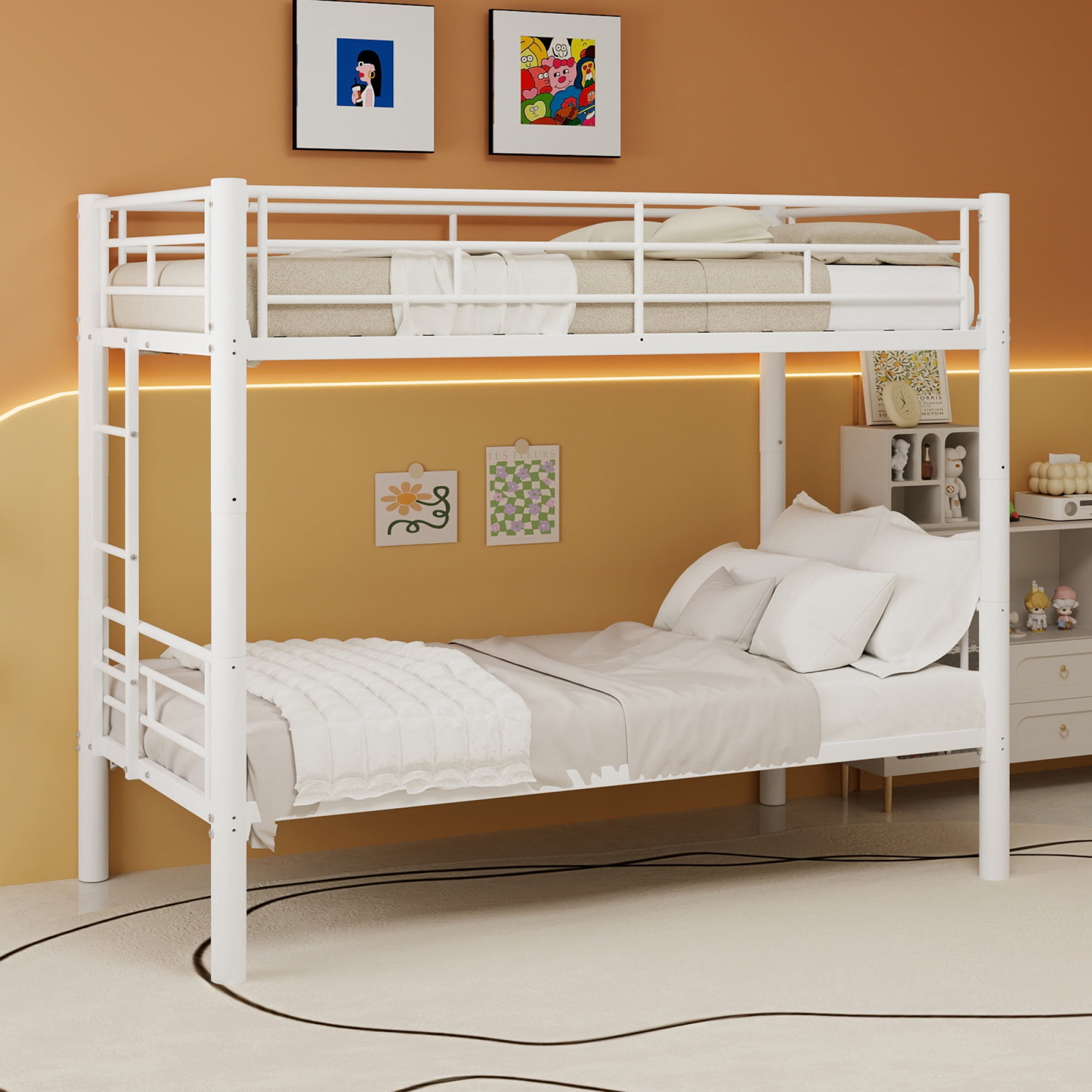 Twin over Twin Bunk Bed with Ladder and Safety Guardrails, Metal Bunk Bedframe for Kids Boys Girls, can be convertible into 2 Beds, No Spring Box Required