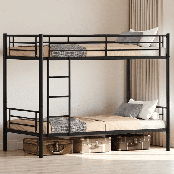 Twin over Twin Bunk Bed, Metal Bunk Bed Frame with Headboard & Guardrails, Space Saving Double Bunk Bed for Teens, Adults, No Box Spring Needed, Black