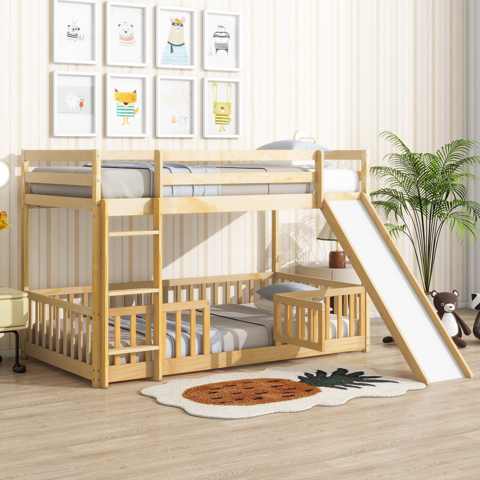 Twin Over Twin Bunk Bed with Slide, Low Floor Design & Removable Fence