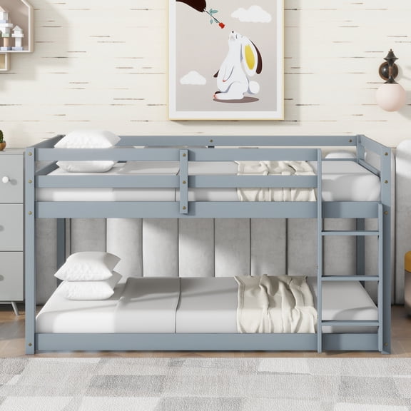 Twin Over Twin Bunk Bed, Solid Wood Bunk Bed Frame with 19.3" Higher Guardrails & Ladder, Floor Twin Bunk Beds with Strengthened Slats for Kids Boys and Girls, No Box Spring Needed, Grey