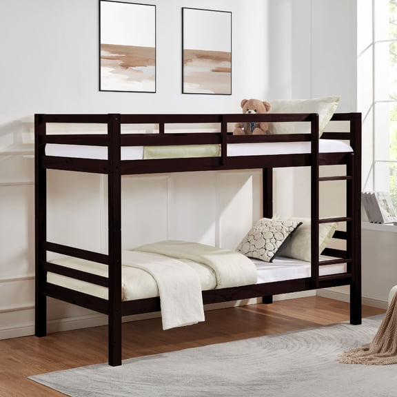 Twin Over Twin Bunk Bed, Solid Wood Bunk Bed Frame with Thick Posts, High Guardrails and Ladder, Heavy Duty Wooden Slats, No Box Spring Needed for Kids, Teens, Guest Room, Espresso