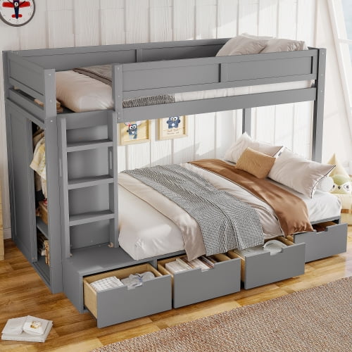 Twin over Twin Bunk Bed with Storage, Solid Wood Bunk Bed with 4 Drawers and Built-in Wardrobe, Full-Length Guardrails No Box Spring Needed, Beige & Gray