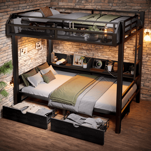 Twin over Twin Bunk Bed with Storage, USB Ports & LED Lights, Convertible Sofa Bed for Teens, Multifunctional Metal Bunk Bed with Shelves & Drawers, Black