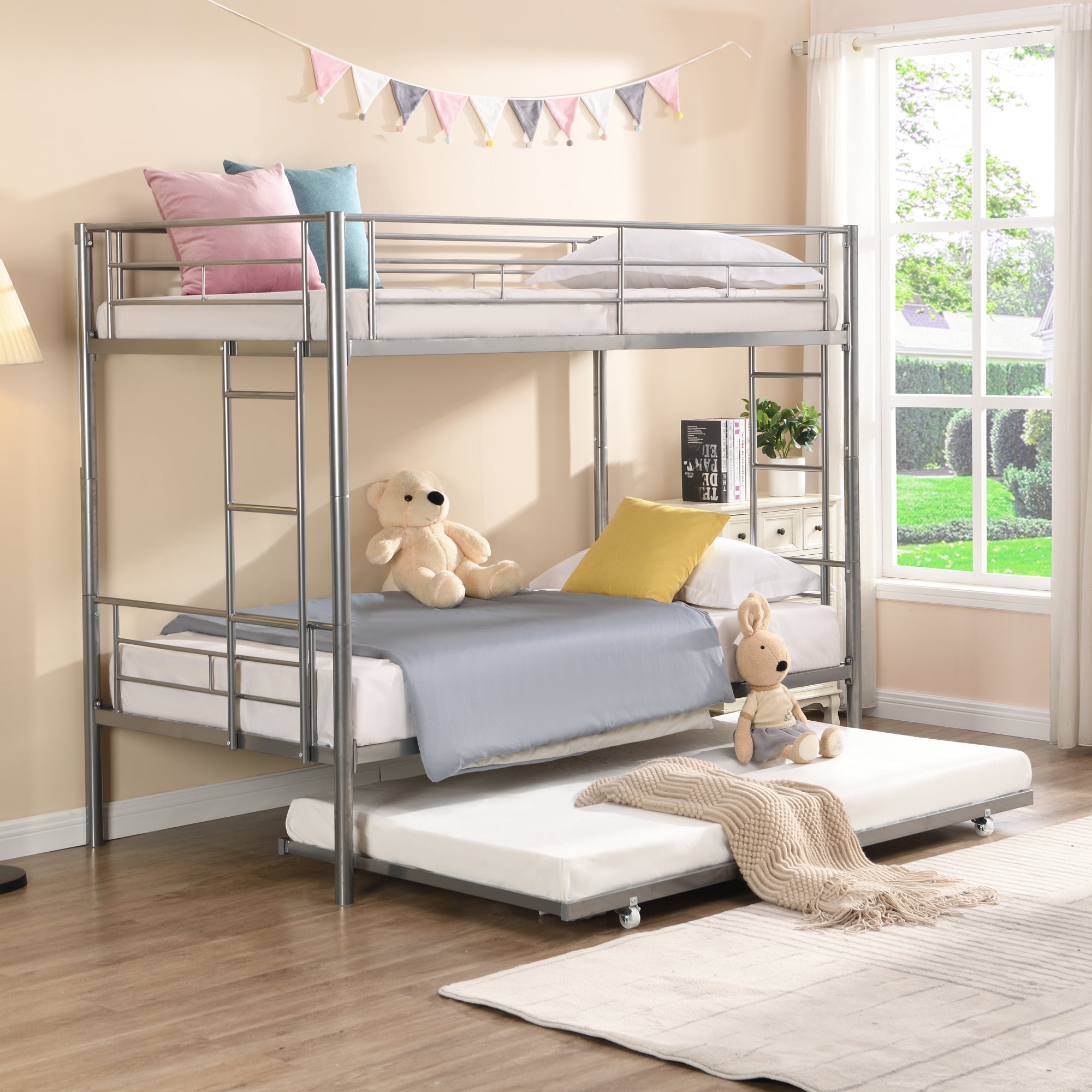 Twin Over Twin Bunk Bed with Trundle,Metal Bed Frame for Kids Adults Teens,Heavy Duty Metal Bed Frame with Safety Rail Side Ladders,Can Be Divided Into 2 Twin Beds with Trundle,Silver