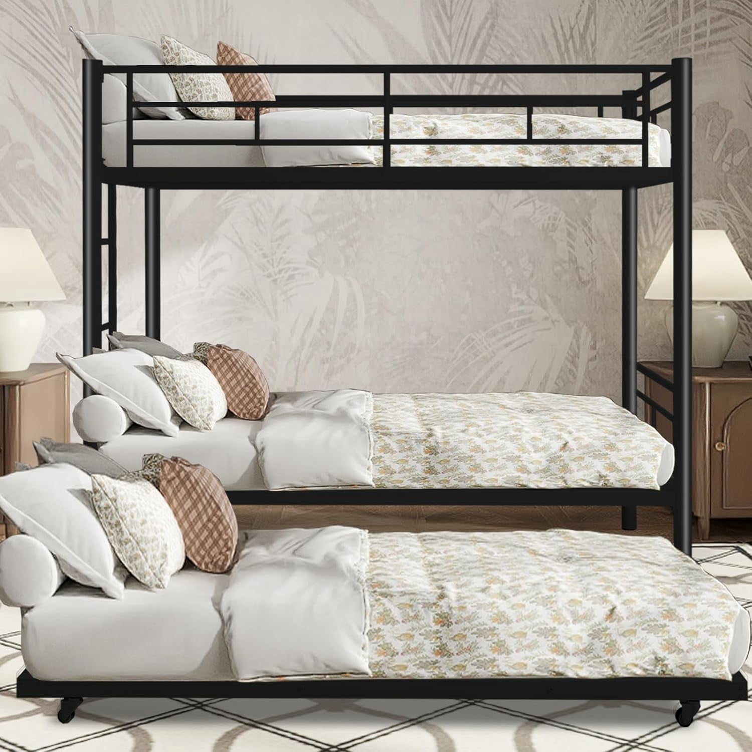 Twin Over Twin Bunk Bed with Trundle, Metal Bunk Beds with 2 Ladder and