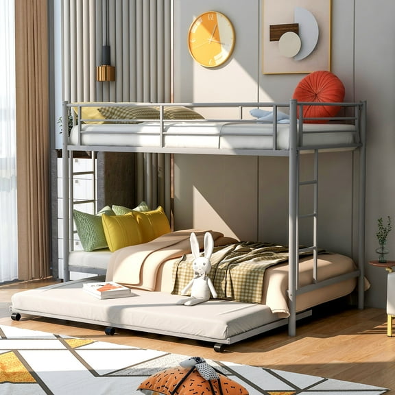 Twin Over Twin Bunk Bed with Trundle, Metal Twin Bed with Safety Guard Rail and Ladders, Space-Saving Bedroom Bunk Bed for Teens and Adults, Easy Assembly, K3297
