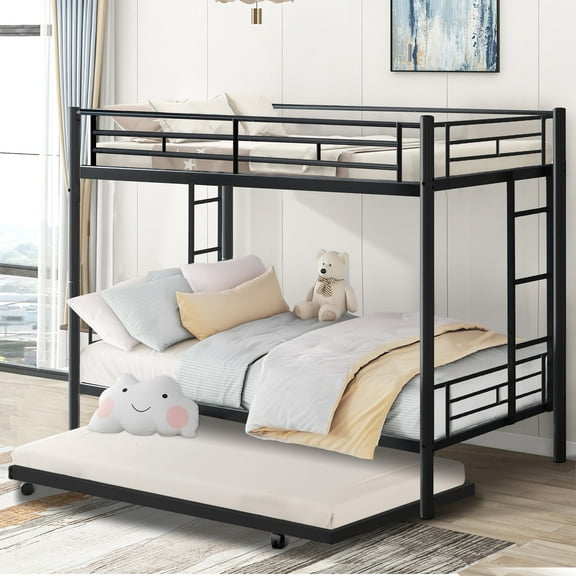 Twin Over Twin Bunk Bed with Trundle, Metal Twin Bed with Safety Guard Rail and Ladders, Space-Saving Design Sleeping Bedroom Bunk Bed for Young Teens & Adults, Easy Assembly