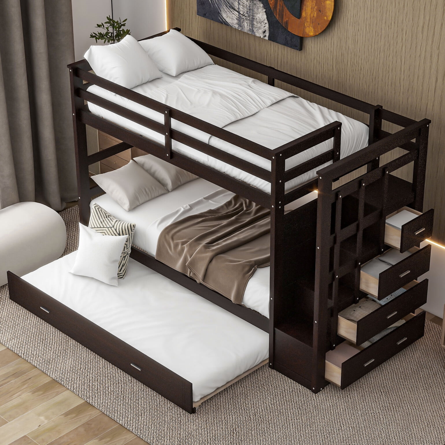 Twin Over Twin Bunk Bed with Trundle, Solid Wood Bunk Bed with Storage