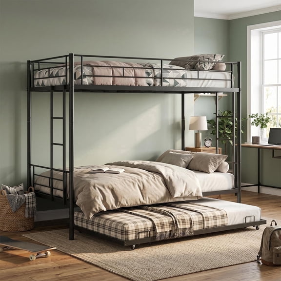Twin over Twin Bunk Bed with Trundle, Triple Bunk Bed with Guardrail and Ladders, Convertible to 2 Platform Beds, Heavy Duty Metal Bed Frame for Teens Bedroom, Black