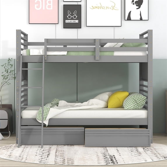 Twin Over Twin Bunk Bed with Two Storage Drawers,Detachable Wood Bunk Bed Frame with Inclined Ladder and Safety Guardrail,Convertible to 2 Separated Beds,Solid Wood Bunkbed for Kids Teens Adults,Gray