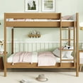 thumbnail image 1 of Twin Over Twin Bunk Bed, Upholstered Bunk Bed Frame with Ladder, Safety Guardrails, Rubber Wooden, Teddy Fleece Fabric Headboard and Footboard, Natural, 1 of 7
