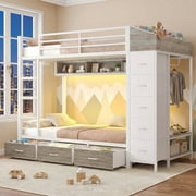 Twin over Twin Bunk Bed with Wardrobe, 8 Storage Drawers, Power Outlets & LED Lights, Space-Saving Bunk Bed Frame with Hall Tree, Guardrail & Ladder for Bedroom, Dorm