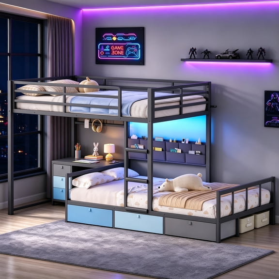 Bunk Bed Twin over Twin with Desk, 6 Storage Drawers & Charging Station, Metal Bunk Bed with RGB Lights, Guardrail & 10-Pocket Organizer, Grey