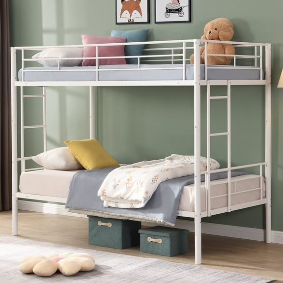 Twin Over Twin Bunk Beds, UHOMEPRO Metal Twin Bunk Bed with Ladder and Safety Guardrails, Bunk Bed for Bedroom Dorm Room, White