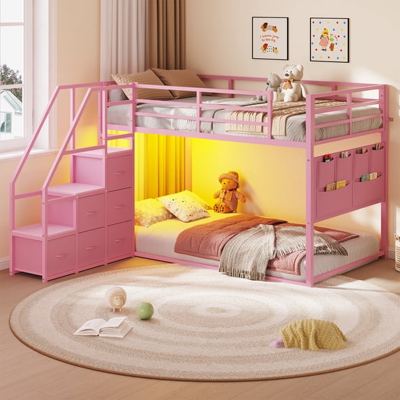 Twin Over Twin Bunk Beds with LED Lights, Low Bunk Bed Frame with 6 Storage Drawers and Pocket Organizer for 2 Teens, Twin Metal Bed Frame with Reversible Storage Staircase, Pink