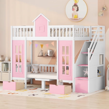 Twin Over Twin Bunk Beds with Stairs, Wood Loft Bed with Desk and Seat Can be Turned Into Bunk Bed, Convertible Dorm Bunk Bed with 2 Storage Drawers for Teens (White+Pink)
