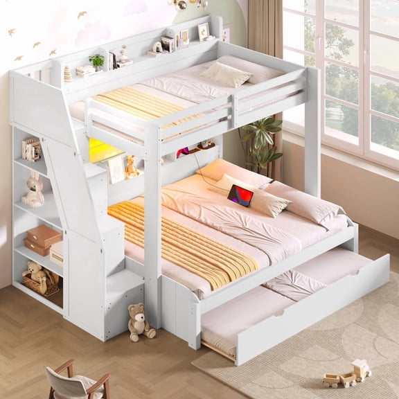 Bellemave Twin Over Full Bunk Bed with Stair and Trundle, Storage Shelves,Wood Bunk Beds with LED Light & USB Charging Station, Space-Saving Design Bunk Bed Frame for Teens Adults Bedroom,White