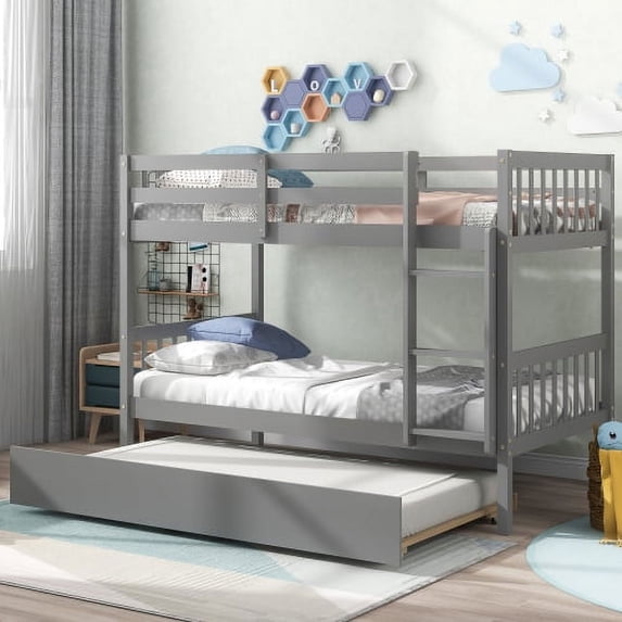 Twin Over Twin Bunk Beds with Trundle, Solid Wood Trundle Bed Frame with Safety Rail and Ladder, Kids/Teens Bedroom, Guest Room Furniture, Can Be converted into 2 Beds,Grey