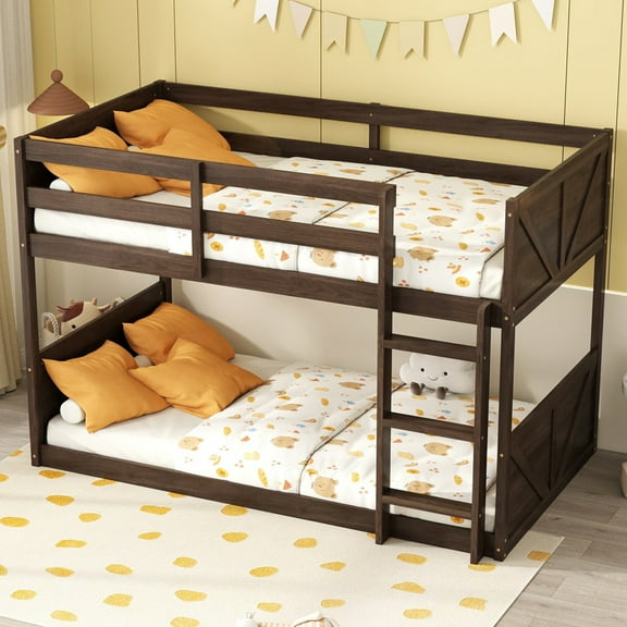 Twin over Twin Floor Bunk Bed with Built-in Ladder, Solid Wooden Twin Bunk Beds with Safety Guardrails and Panelled Headboard, No Box Spring Needed, Antique Oak