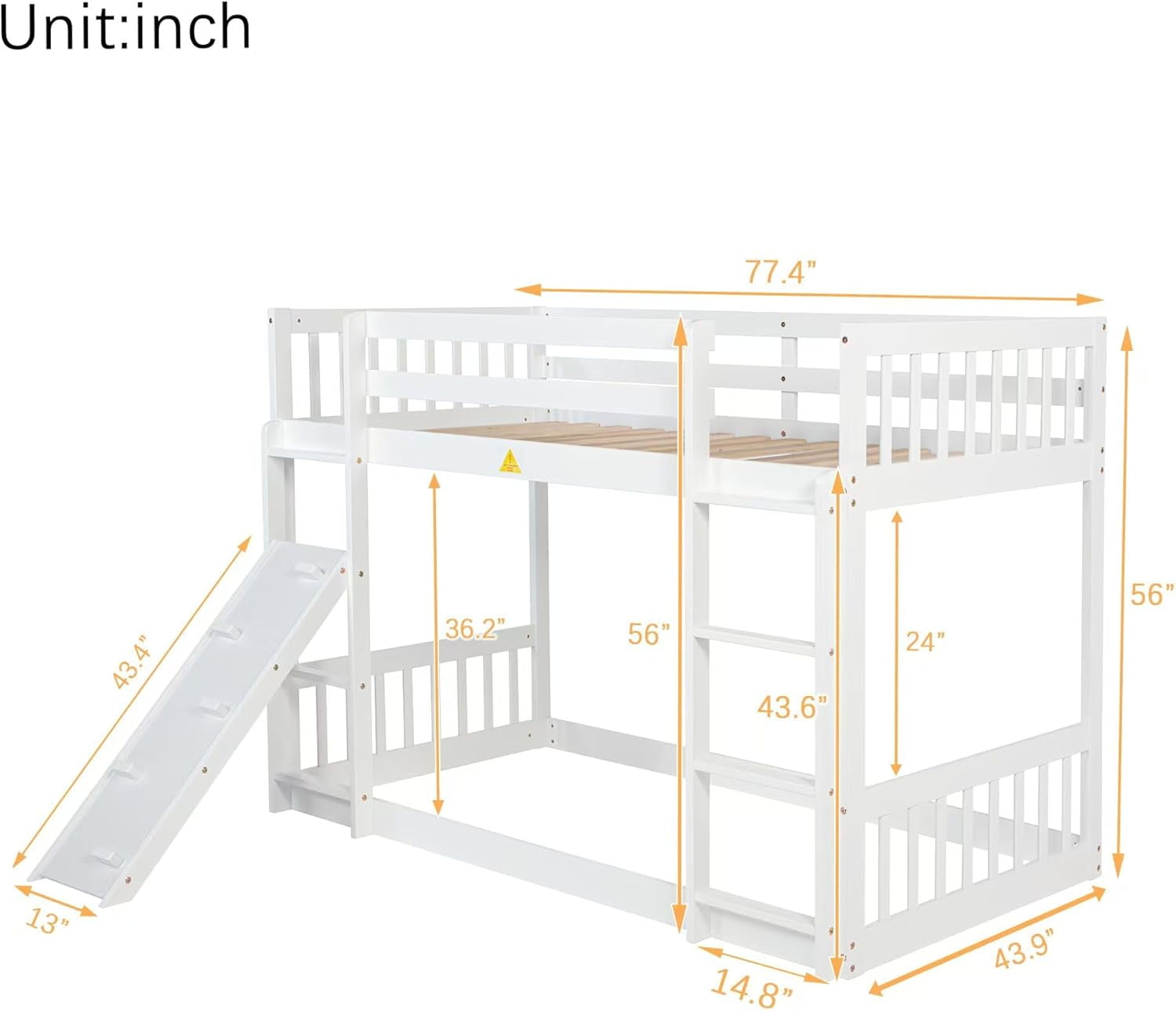 Twin Over Twin Floor Bunk Bed with Climbing Ramp, Wooden Loft Bed Frame ...