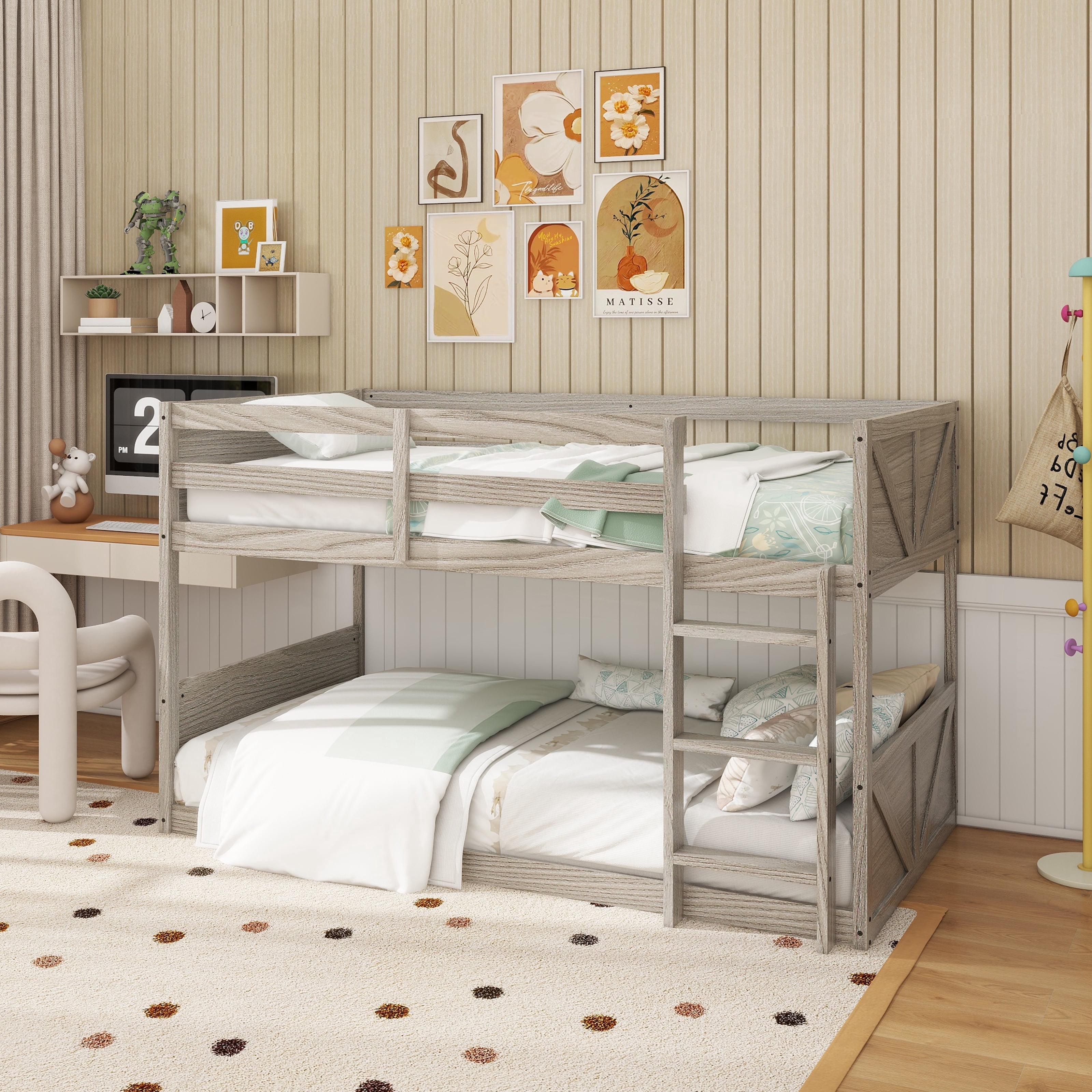 Twin over Twin Floor Bunk Bed with Panelled Headboard and Footboard ...