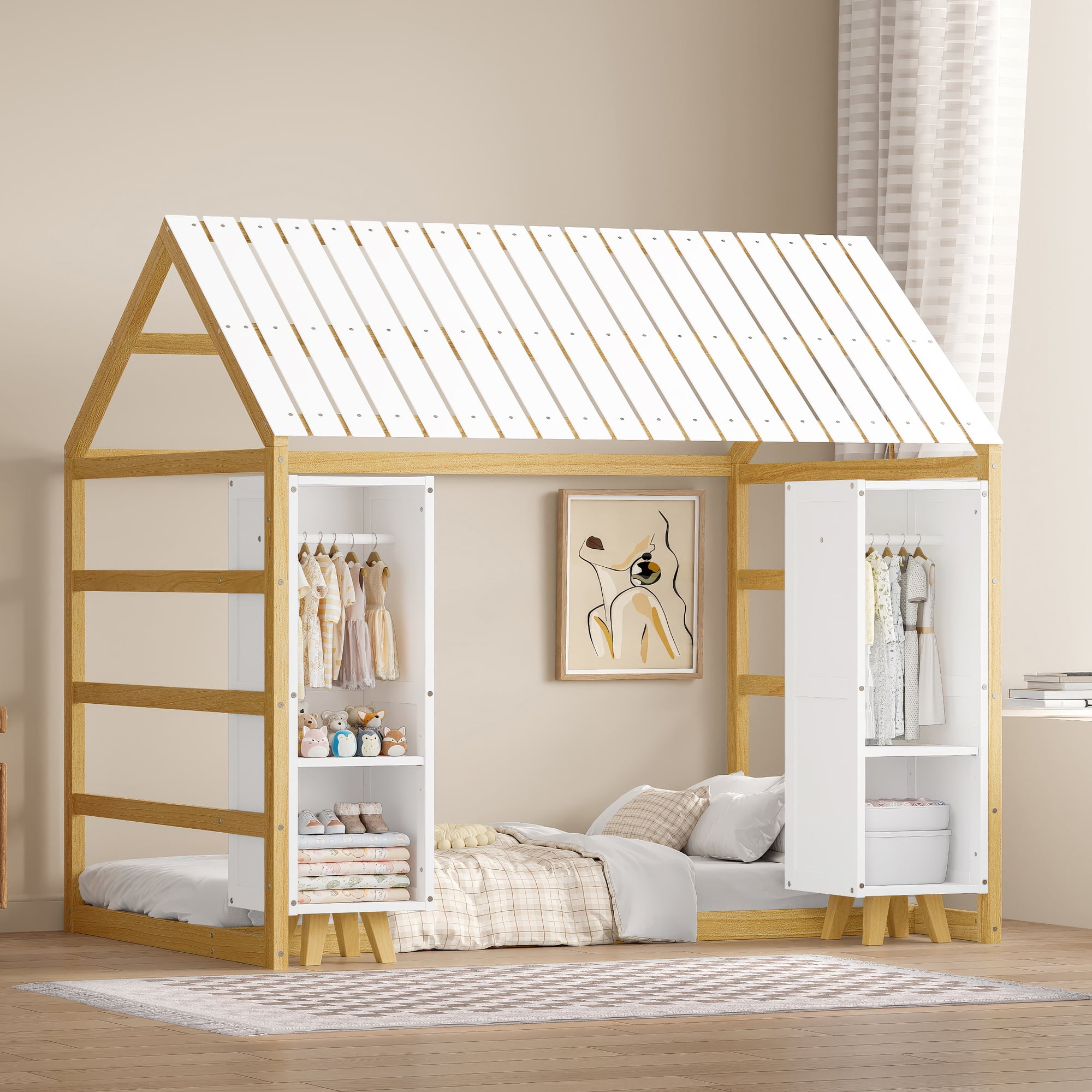 Twin over Twin Floor Bunk Bed with Panelled Headboard and Footboard ...