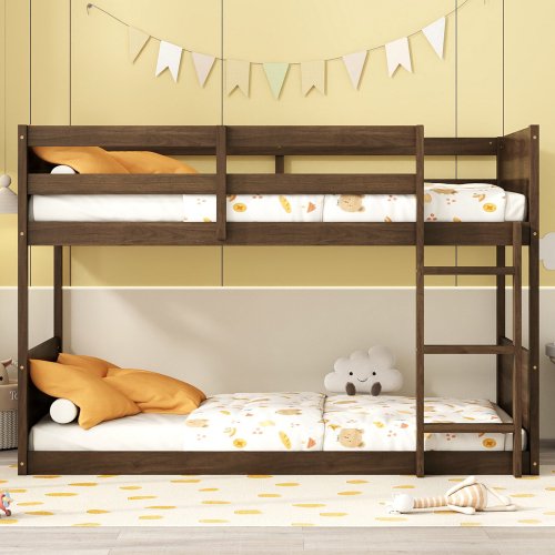 Twin over Twin Floor Bunk Bed with Panelled Headboard and Footboard, Solid Rubber Wood Frame with Safety Guardrails, Built-in Ladder, Low-Height Design, No Box Spring Needed, Antique Oak