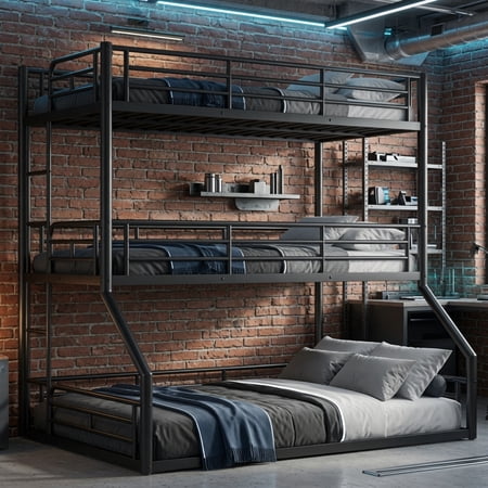Twin over Twin over Full Metal Triple Bunk Bed, Heavy-Duty Frame with Full Safety Guardrails, Noise-Reduced Design, Space-Saving for Shared Rooms, Guest Rooms, Black