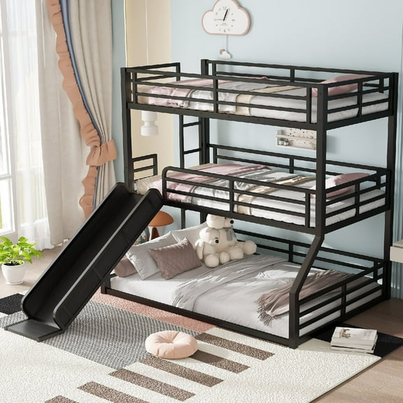 Twin over Twin over Full Size Triple Bunk Bed Frame with Slide, Heavy-duty Metal Bunk Bed Frame with Safety Guardrails and Ladder for Bedroom, Apartment, Dorms, Mattress Not Included, Black