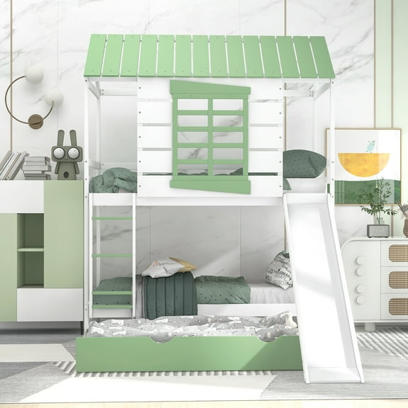 Twin over Twin House Bunk Bed with Convertible Slide & Trundle, Pitched Roof Design with Window, Full-Length Guardrails, Solid Pine Frame, No Box Spring Needed, White+Green