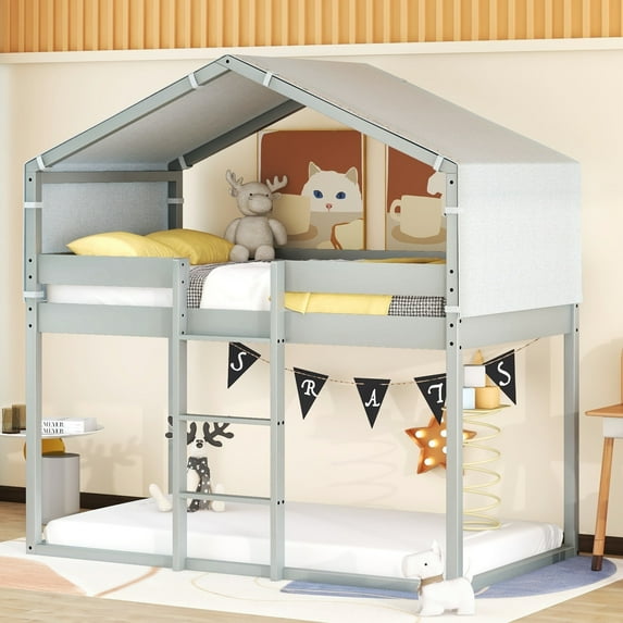 Twin Over Twin House Bunk Bed with Detachable Tent, Wood Twin over Twin Bunk Bed, Floor Bunk Bed with Safety Guardrail and Slats Support, No Box Spring Needed, Easy Assembly