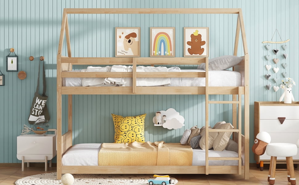 Twin Over Twin House Bunk Bed,Rubber Wood Bunk Bed with Headboards ...