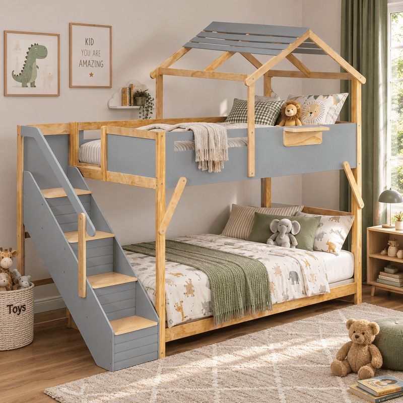 Twin Over Twin House Bunk Bed with Stairs, 3-Color LED Lights and Storage Shelf, Wooden Bunk Bed Frame with Guardrails and Roof Frame for Kids Bedroom