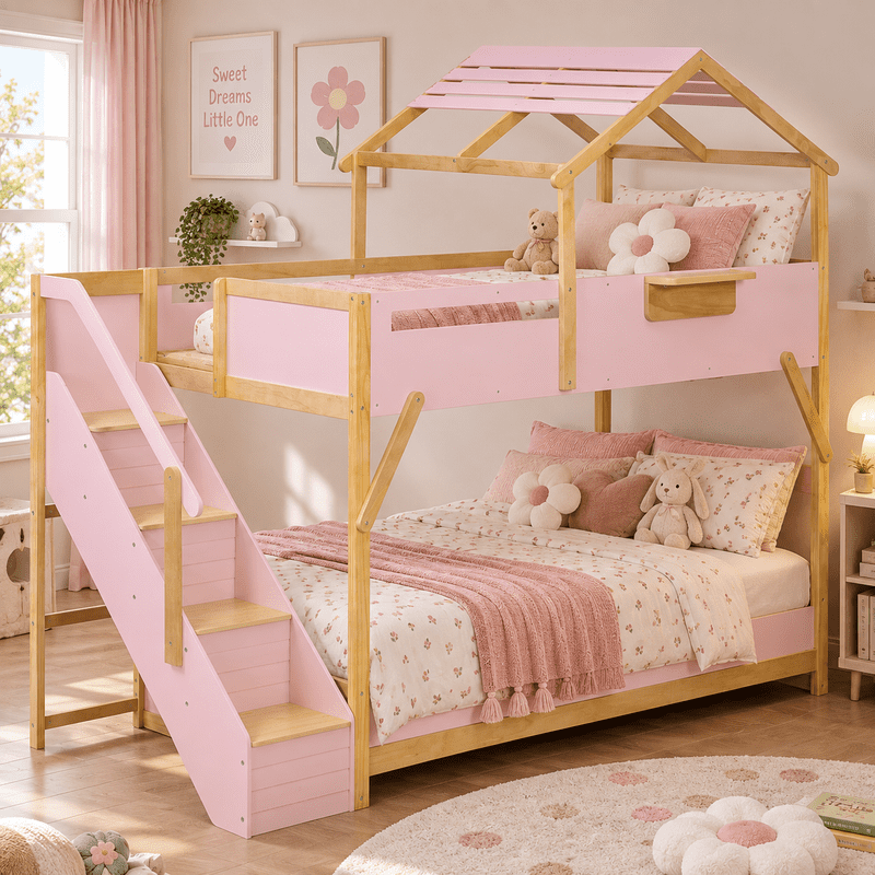Twin Over Twin House Bunk Bed with Stairs, 3-Color LED Lights and Storage Shelf, Wooden Bunk Bed Frame with Guardrails and Roof Frame for Kids Bedroom