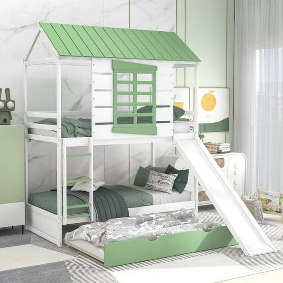 House Bunk Bed with Convertible Slide and Twin-Size Trundle, Twin Over Twin Bedframe w/ Roof & Window Design for 3 People, Save Space Bedroom Furniture, No Spring Box Required, White+Green