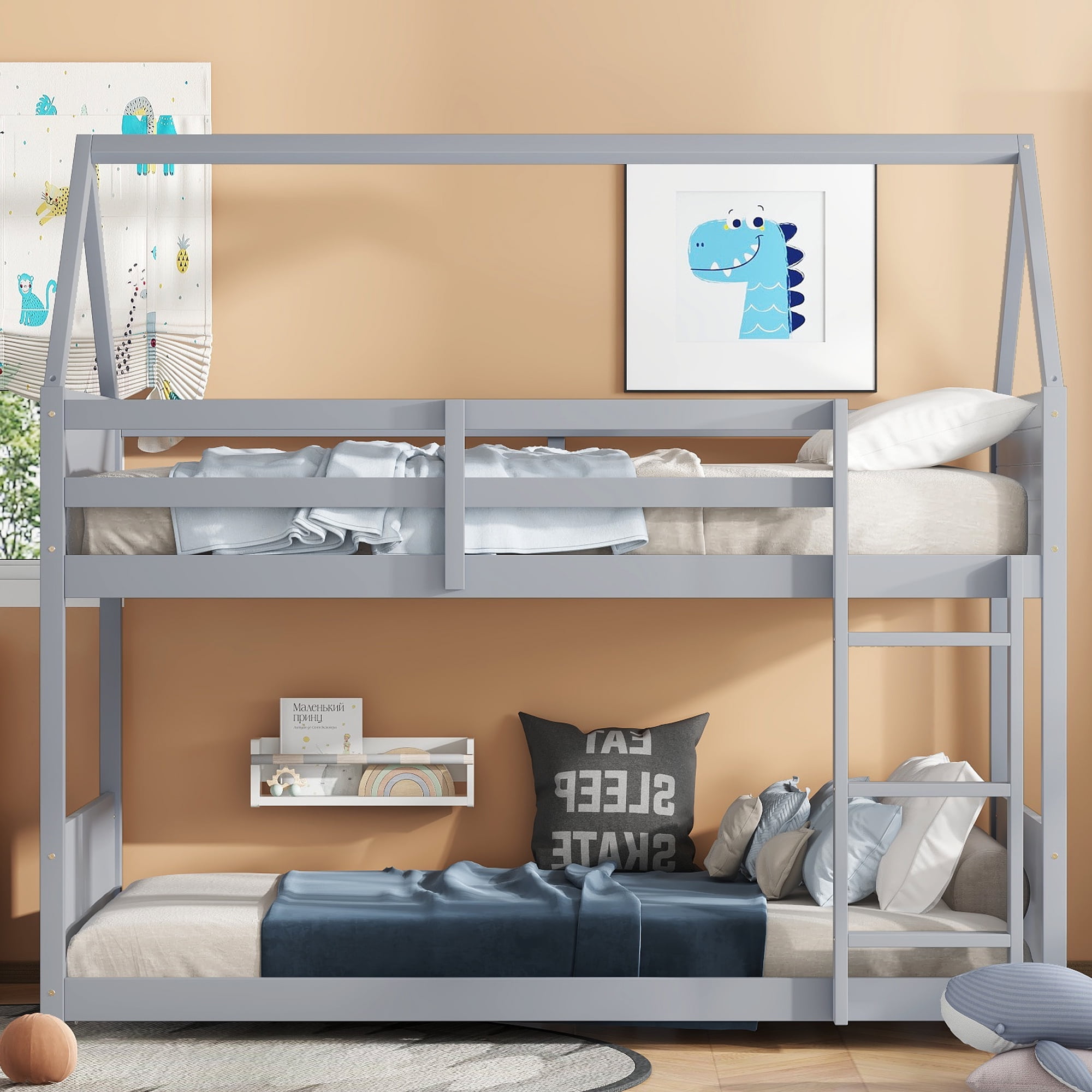 Twin Over Twin House Floor Bunk Bed, Rubber Wood, Light Grey, Safety