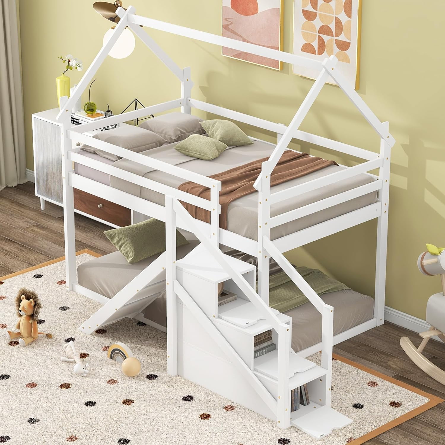 Twin Over Twin House Loft Bed with Slide and Staircase,Bedroom Cabin ...