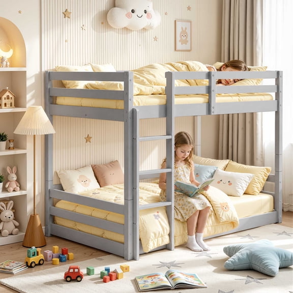 Twin Over Twin Kids Bunk Bed, UHOMEPRO Solid Wood Floor Bunk Bed for Kids Bedroom, High Safety Rail, Ladder, Heavy Duty Space-Saving Bunk Beds, Convertible into 2 Twin Beds, Grey