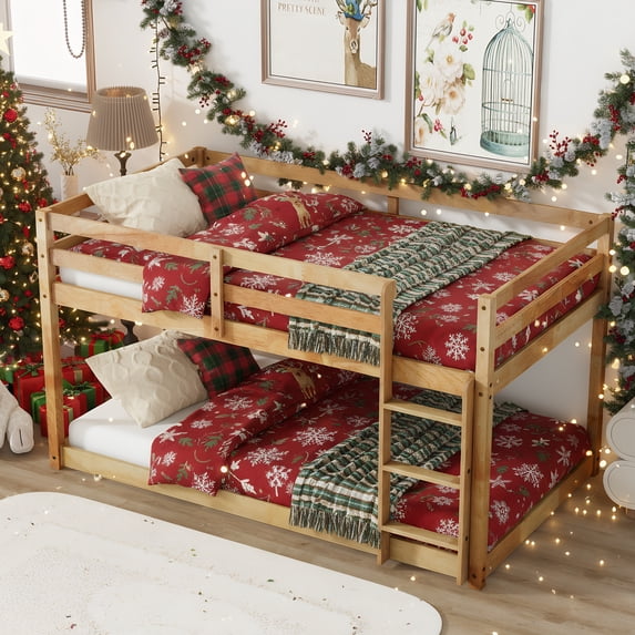 Twin Over Twin Kids Bunk Bed, UHOMEPRO Solid Wood Floor Bunk Bed for Kids Bedroom, High Safety Rail, Ladder, Heavy Duty Space-Saving Bunk Beds, Natural