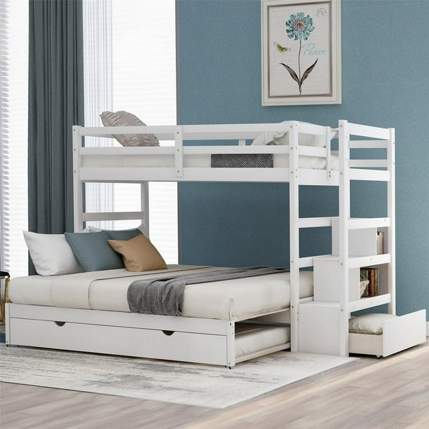 Twin over Twin/King Bunk Bed with Twin Size Trundle, Solid Wood Bunk ...